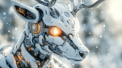 3D Cybernetic Reindeer Icon: Close-Up of a Futuristic Santa's Reindeer Design with Glowing Features on White Background