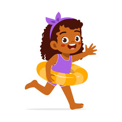 little kid running and wear swim ring