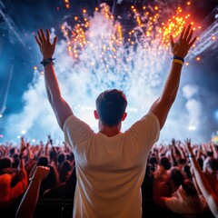 Excited concertgoer celebrates at a vibrant music festival, surrounded by energetic crowd and dazzling fireworks display.