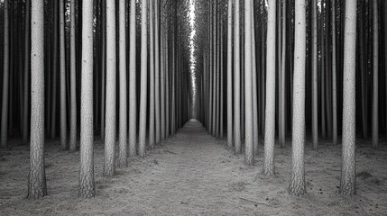 Obraz premium A serene black and white forest showcasing tall trees aligned in a tranquil path, inviting exploration and contemplation.