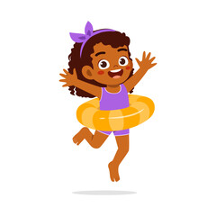 little kid jumping and wear swim ring