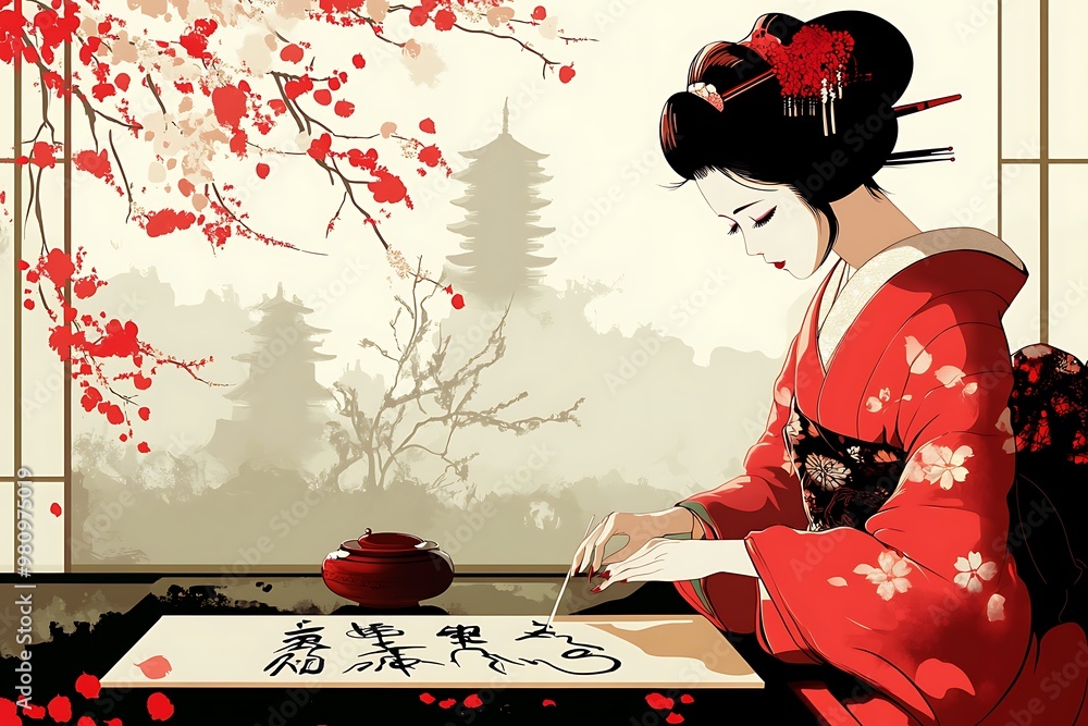 Sticker Geisha in Traditional Kimono Writing Calligraphy in Front of Cherry Blossoms and Pagoda.