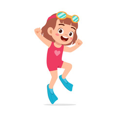 little kid wear swim goggles and fin while jumping