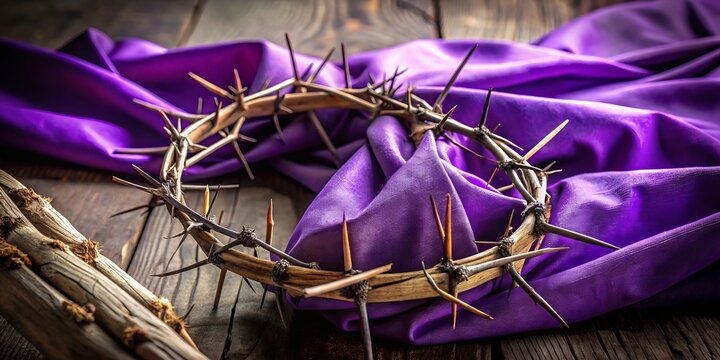 This poignant image of a cross shrouded in purple, crowned with thorns and nails, inspires us to meditate