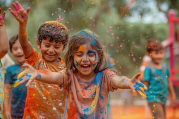 children playing with Holi colors in a park or playground