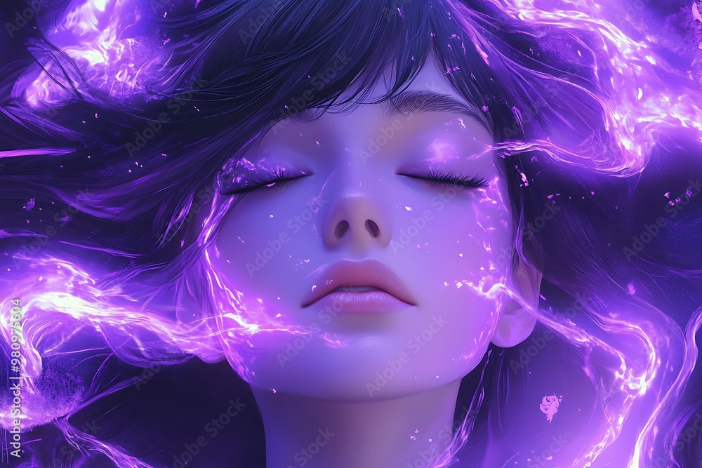 Canvas Prints Abstract Portrait of a Woman Surrounded by Purple Flames.