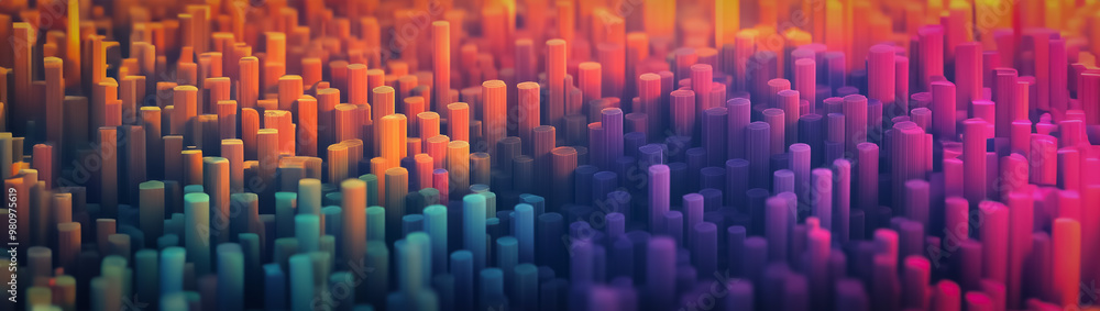 Poster colorful abstract digital landscape with countless vertical cylinders arranged in vibrant gradients,
