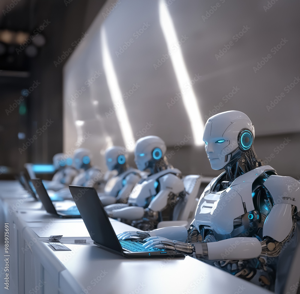 Poster futuristic scene of humanoid robots working efficiently in a sleek modern office, each sitting in fr