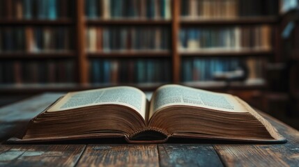 Obraz premium Open Book on Wooden Table in Library