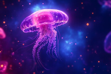 Bioluminescent Jellyfish with Purple and Pink Glow in Dark Water.