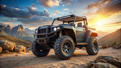 Rugged all-terrain vehicle featuring four wheels, chunky tires, and a sleek black body, ready to tackle rugged trails