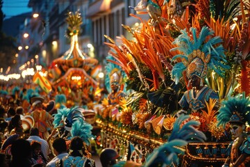 A lively image of the Brazilian Carnival street festivities, including a parade float decorated with elaborate designs and vibrant colors
