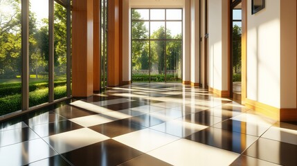Elegant modern interior with large glass windows, checkerboard flooring, and sunlight streaming in, creating a bright atmosphere.