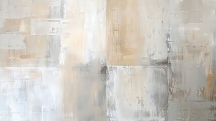 This abstract oil painting features a sophisticated mix of neutral tones--soft grays, warm beiges, and cool whites--arranged in a subtle, textured pattern.