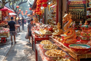 Fototapeta premium bustling Chinese New Year market. Stalls are decorated with red and gold ornaments