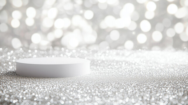 White podium on a silver glitter background with bokeh. A winter theme for product presentation, a mock-up template design for cosmetic beauty advertising. 