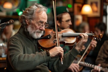 musicians performing traditional Irish music in a cozy pub setting for St. Patrick's Day