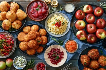 spread of traditional Hanukkah foods on a festive table