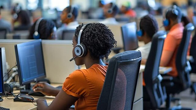 Aerial View of Black Employees Working in Office Cubicles With Headsets Generative AI