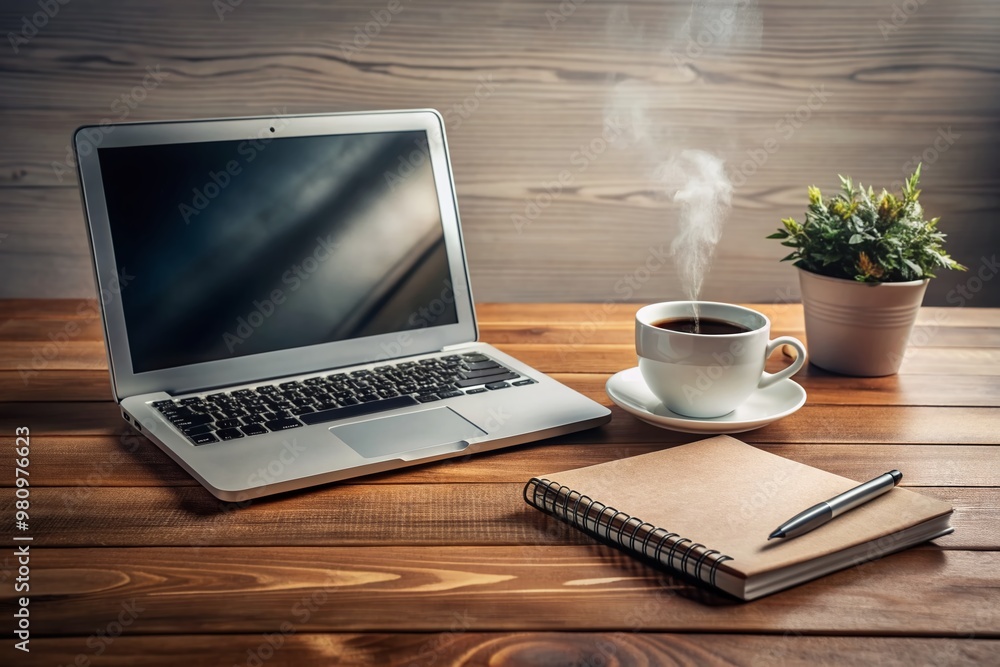Poster organized modern workspace setup with sleek laptop, steaming coffee cup, and open notepad on a simpl