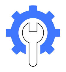 Wrench positioned over a blue gear with minimalist design. Ideal for maintenance, repair, engineering, mechanical work, technical support. Simple and clean style.