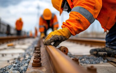 Construction workers in safety gear meticulously laying railway tracks on a cloudy day. Focus on teamwork and precision.