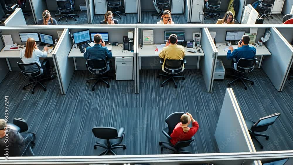 Poster aerial view of caucasian employees collaborating in modern office cubicles generative ai
