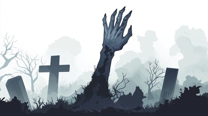 Spooky graveyard scene with a skeleton hand emerging from the ground, surrounded by tombstones and eerie trees.