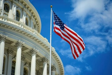 Close up of The America flag against united states capitol independence architecture patriotism.