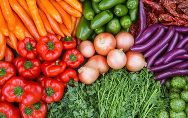 Vibrant assortment of fresh vegetables including peppers, onions, and herbs, perfect for cooking and healthy eating.
