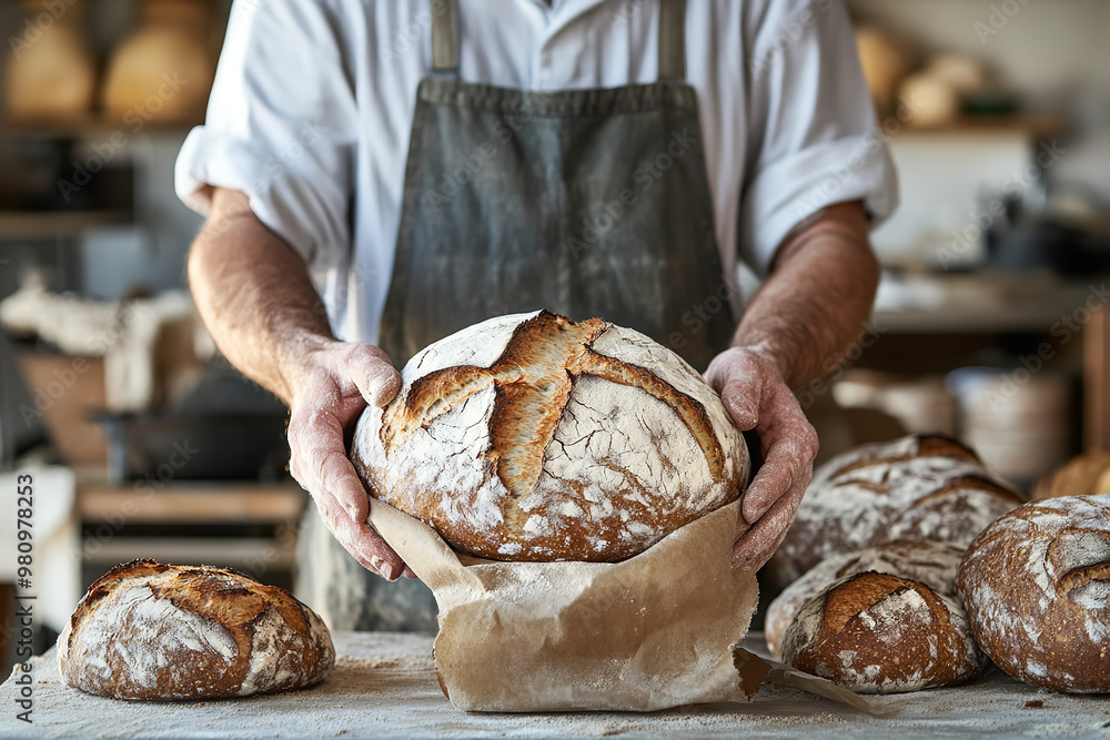 Wall mural Baker Presenting High-Quality Artisan Bread in Clear Workspace  