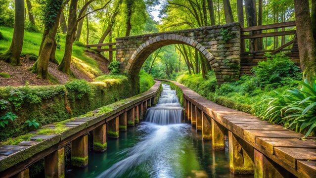 Rustic wooden aqueduct, known as an embudo, carries water through a lush green forest, surrounded by trees and