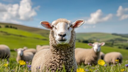 Fototapeta premium A flock of sheep happily grazing in a sun-drenched field, with one sheep pausing to look directly into the lens, framed by green hills and wildflowers.