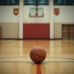 A basketball ball is lying in empty gym on a gray background, no people, sport lifestyle, school gym