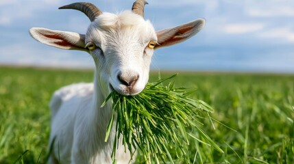 Obraz premium A goat with its ears perked up, cheerfully chewing on fresh green grass in a sunny meadow, capturing the peaceful simplicity of country living.