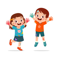 little kid and friend drawing with paint using hand