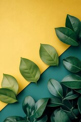 Green leaves are aligned diagonally on a yellow and green backdrop, showcasing a natural and vibrant arrangement.