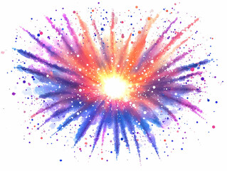 Flat Holographic Fireworks Burst - Medium Shot Illustration Showcasing Intricate Patterns and Shimmering Light Trails on Plain White Background with Copy Space