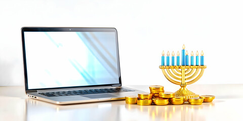 3D Glossy Laptop with Holographic Dreidel and Hanukkah Gelt on Isolated White Background � Perfect for Holiday eCommerce Promotions