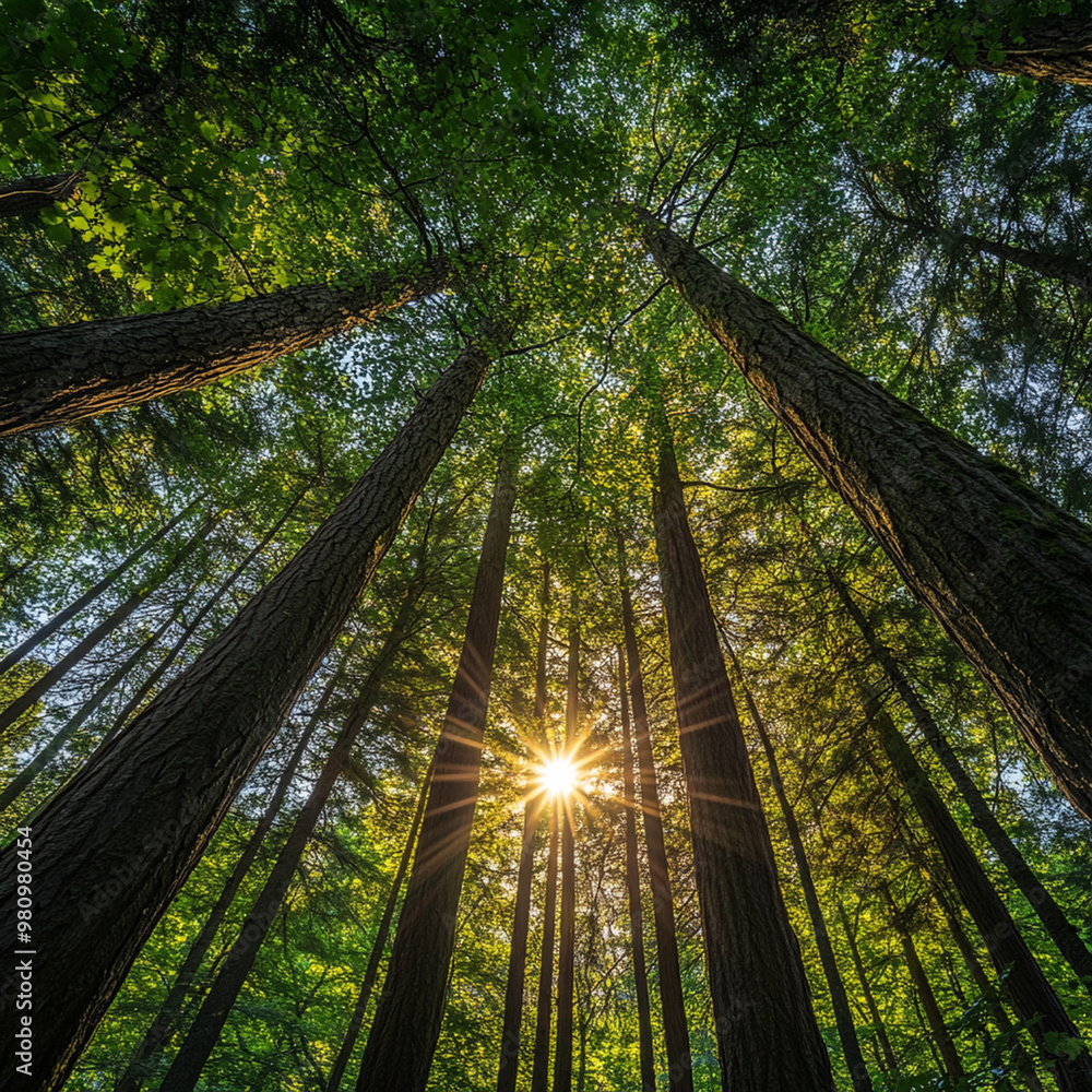 Wall mural beneath towering trees, sunlight filters through lush green leaves, creating serene and vibrant atmo