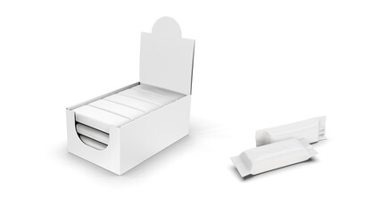 Mockup Display Holder Box Cardboard Filled Blank Empty. Chocolate, Protein Bar. Mock Up, Template. On White Background Isolated. Mockup Product Packing, 3d illustration, 3d rendering