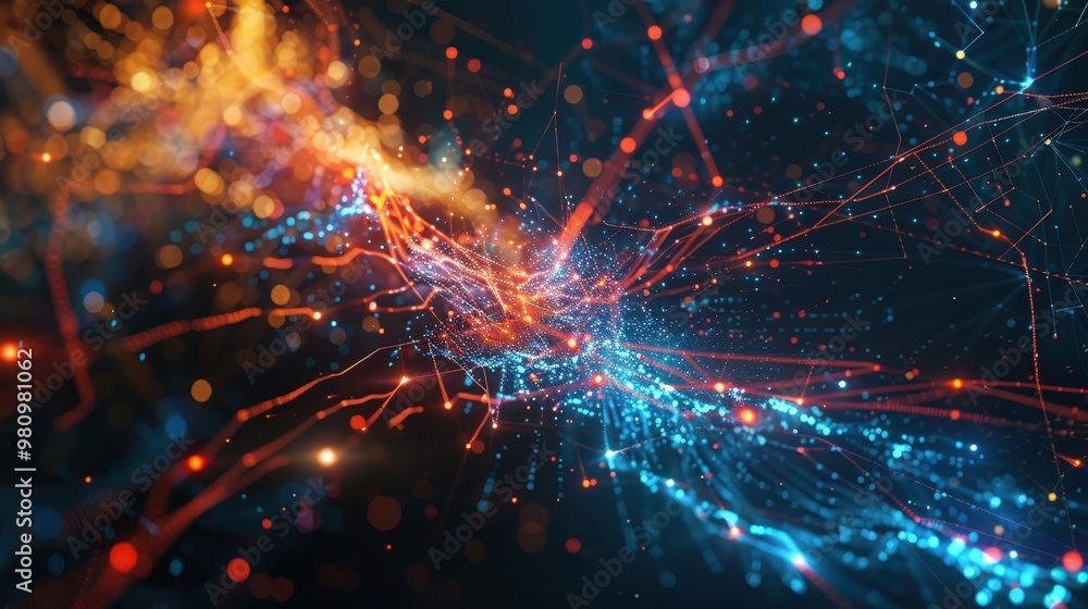Poster this abstract technology background features a dynamic arrangement of glowing particles and lines.