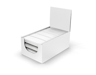 Mockup Display Holder Box Cardboard Filled Blank Empty. Chocolate, Protein Bar. Mock Up, Template. On White Background Isolated. Mockup Product Packing, 3d illustration, 3d rendering