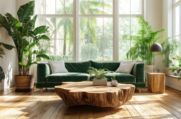 Design an elegant and inviting living room with wooden flooring, white walls, large windows, a green sofa in the center, a coffee table made from wood placed in front of the sofa