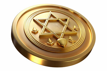Macro Shot of Hanukkah Gelt with Reflective Gold Surface and Intricate Futuristic Engravings - Modern Meets Tradition in Captivating Photo Stock Concept