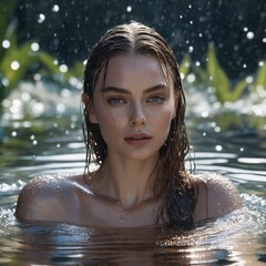 Obraz premium photo of a woman in the water, drops, frameless, droplets, full shot photograph, wet amphibious skin, covered generative ai