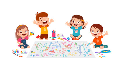 little kid and friend drawing on big paper with paint and feel happy
