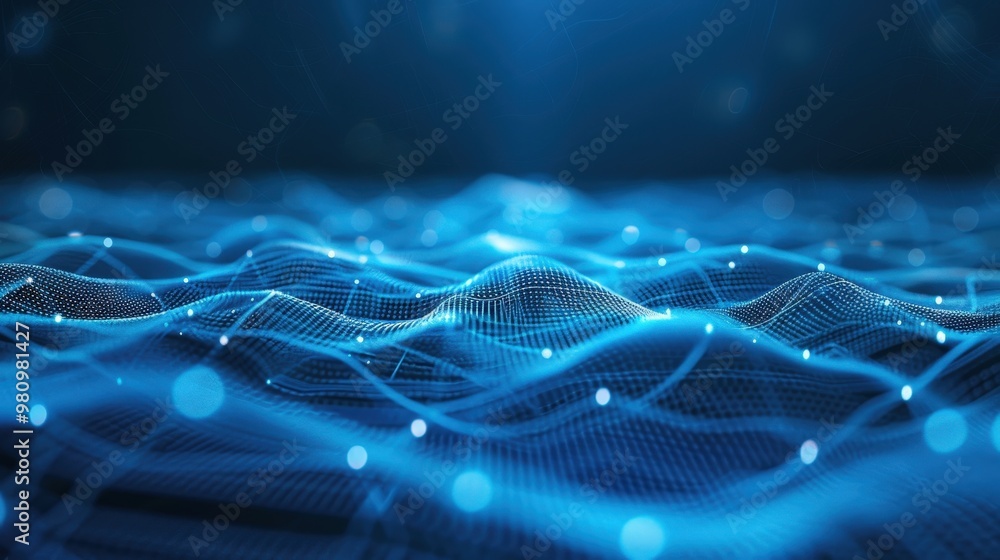 Poster this abstract technology background features a grid of digital nodes and interconnected lines.
