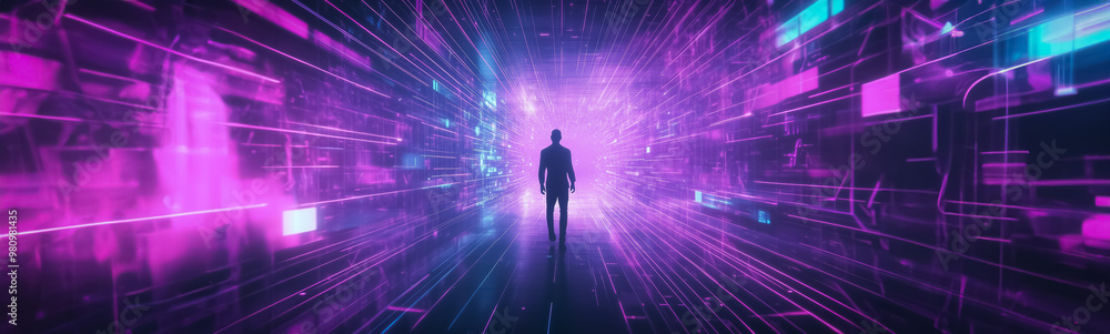 Poster a futuristic scene with a man standing in a neon-lit corridor, surrounded by glowing digital element