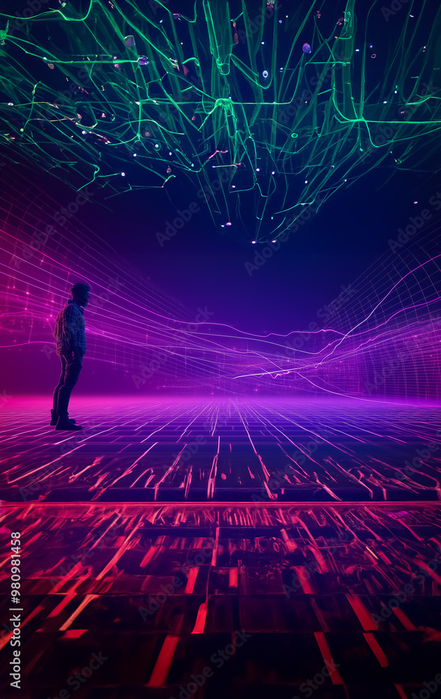 Poster a man in a neon grid environment looking up at a web of glowing green wires, creating a sense of exp